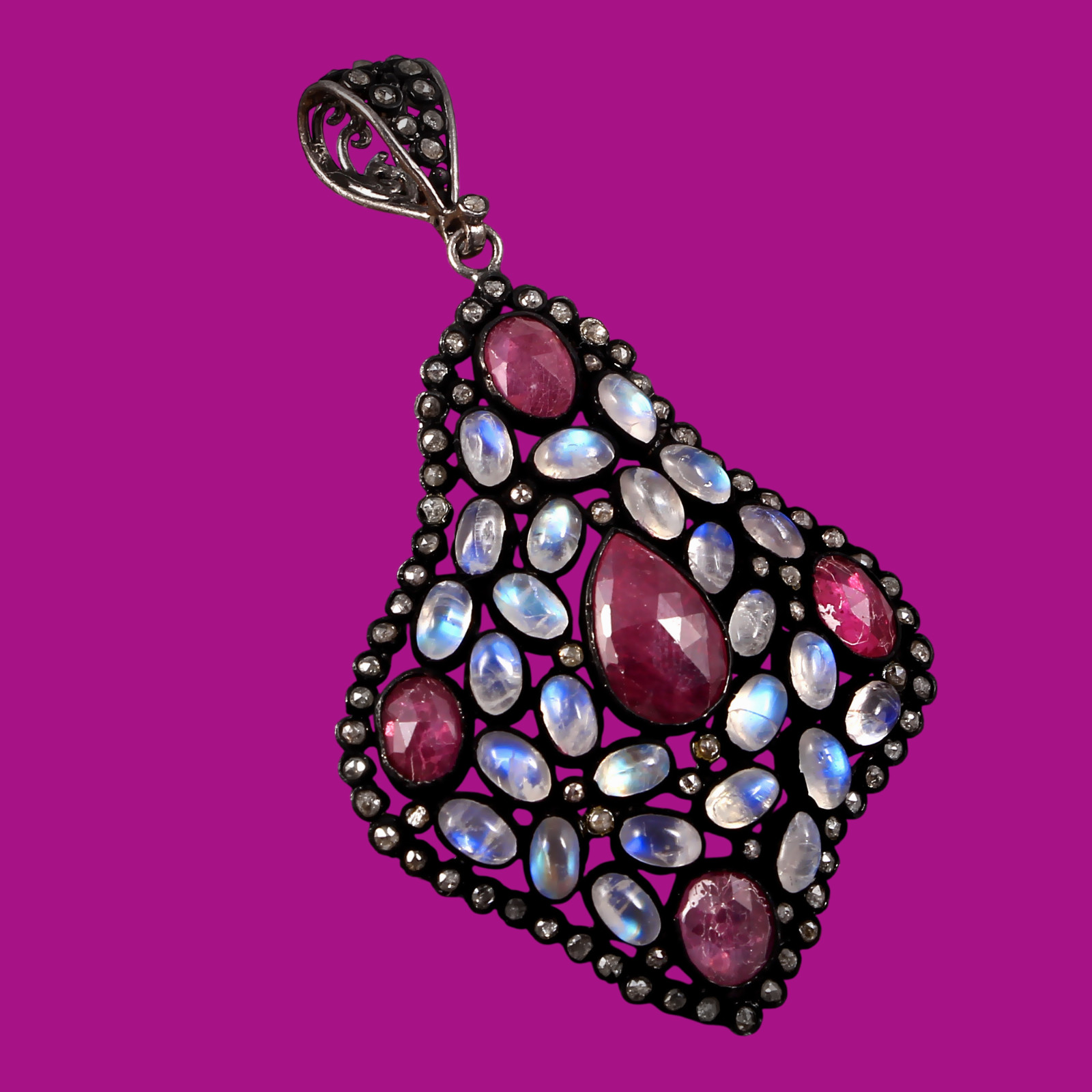Natural Ruby Diamond Rainbow Moonstone Pendant 925 Sterling Silver Handmade