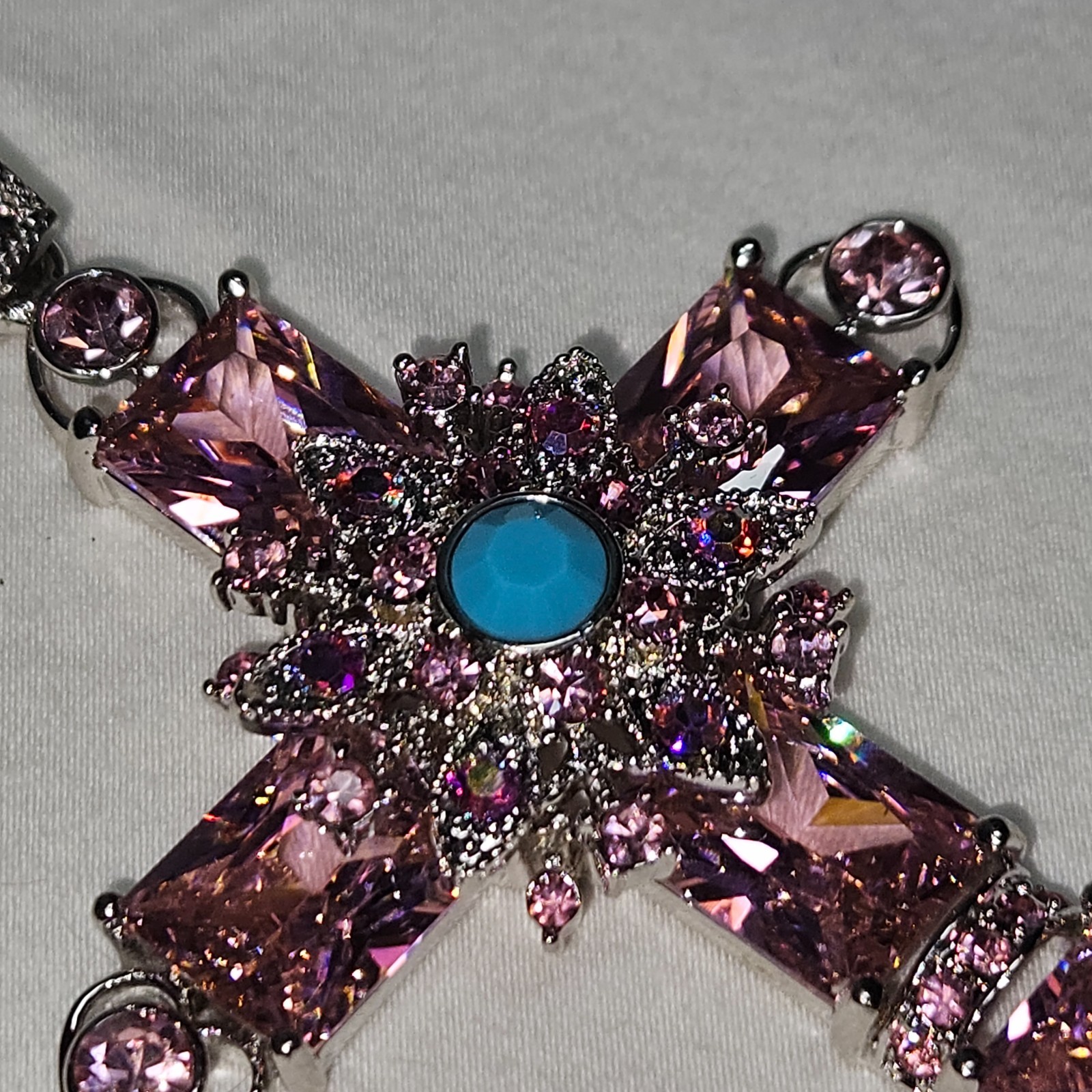 Silver tone Pink & Blue Rhinestone Cross Necklace Religious Christian 12″ 40g