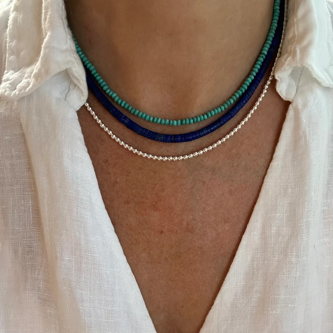 Blue Lapis Heishi Necklace, 4mm Thin Royal Blue Beaded Gemstone Layering Choker