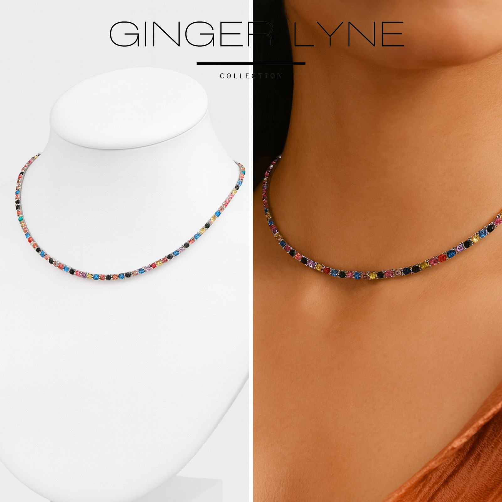 Colorful Tennis Necklace for Women 3mm Cubic Zirconia 18-20″ Adjustable Lengt…