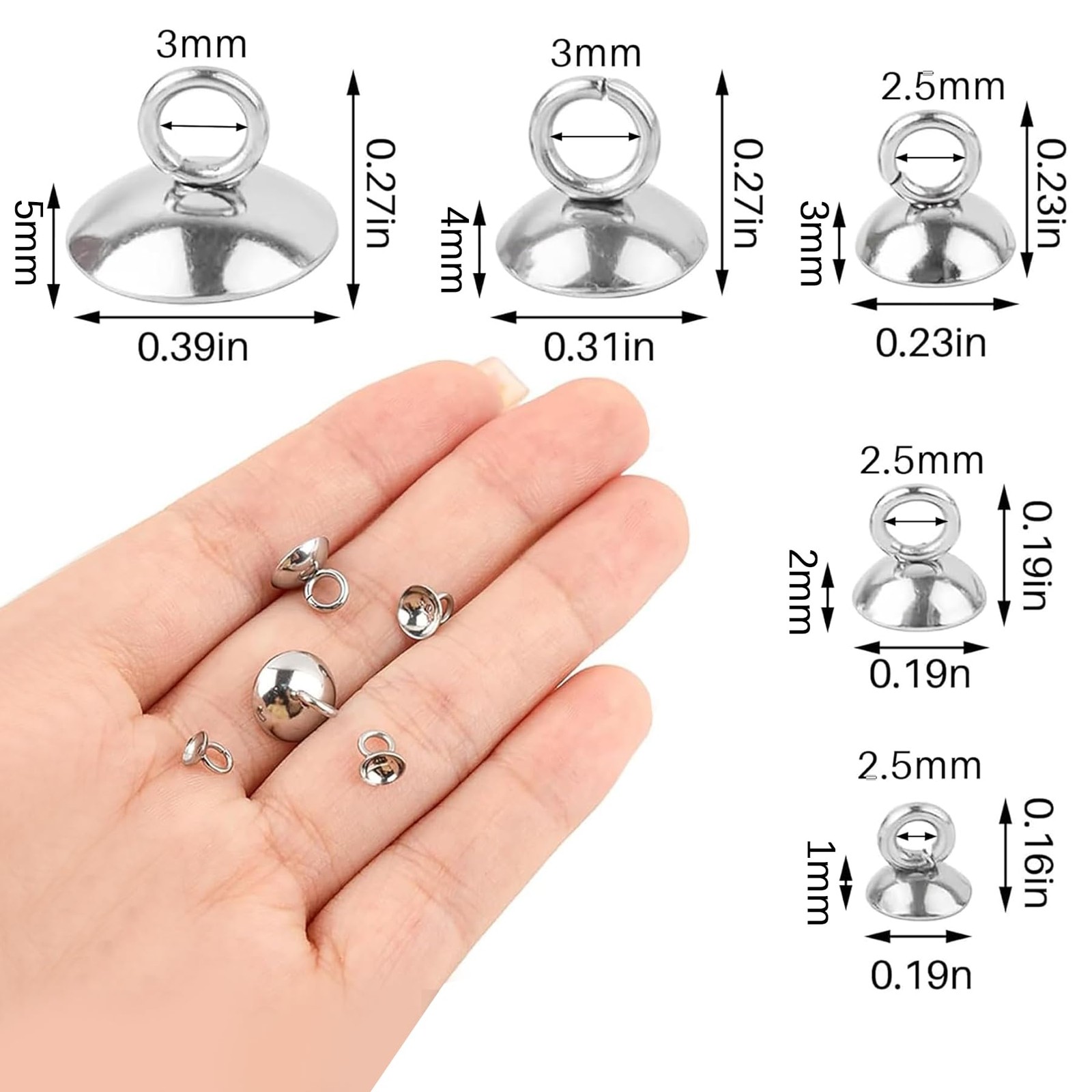 Framendino, 100 Pack 304 Stainless Stee Bead Cap Pendant 100 Pack, Silver