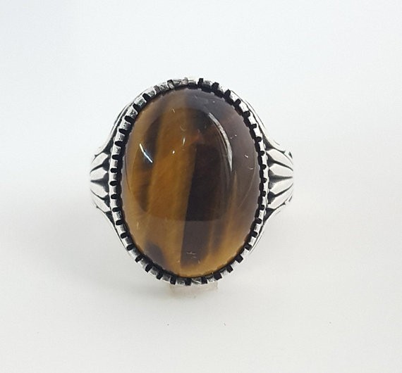 Solid 925 Sterling Silver Natural Tiger’s Eye Oval Gemstone Men’s Unisex Ring
