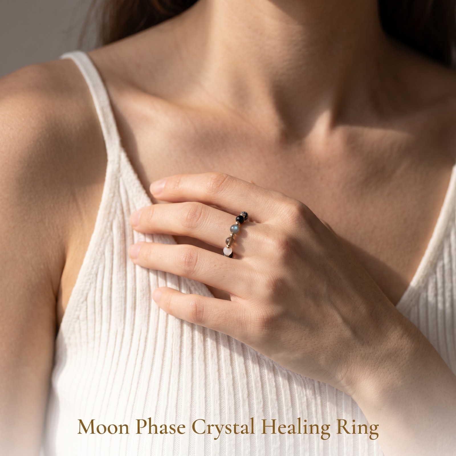 Moon Phase Beaded Stretch Ring Natural Labradorite Obsidian Selenite Tourmaline