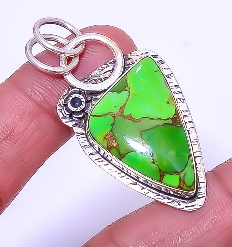 Copper Green Turquoise Gemstone 925 Sterling Silver Handmade Pendant 1.95″ A330