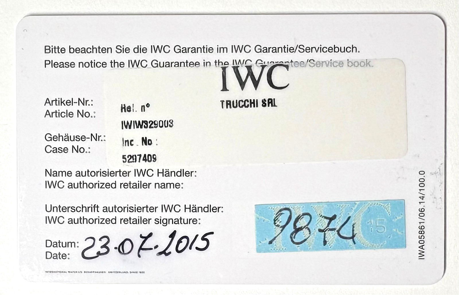 IWC Authentic International Warranty Cert With Dealer Stamp/Serial#/Model/Date