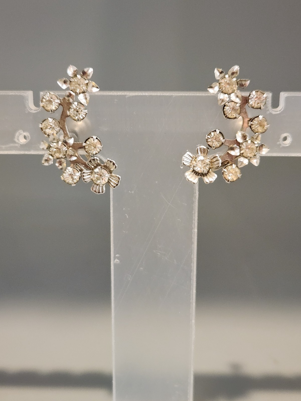 Vintage Flower Rhinestone Climber Earrings Screw Back Mid-Century Statement