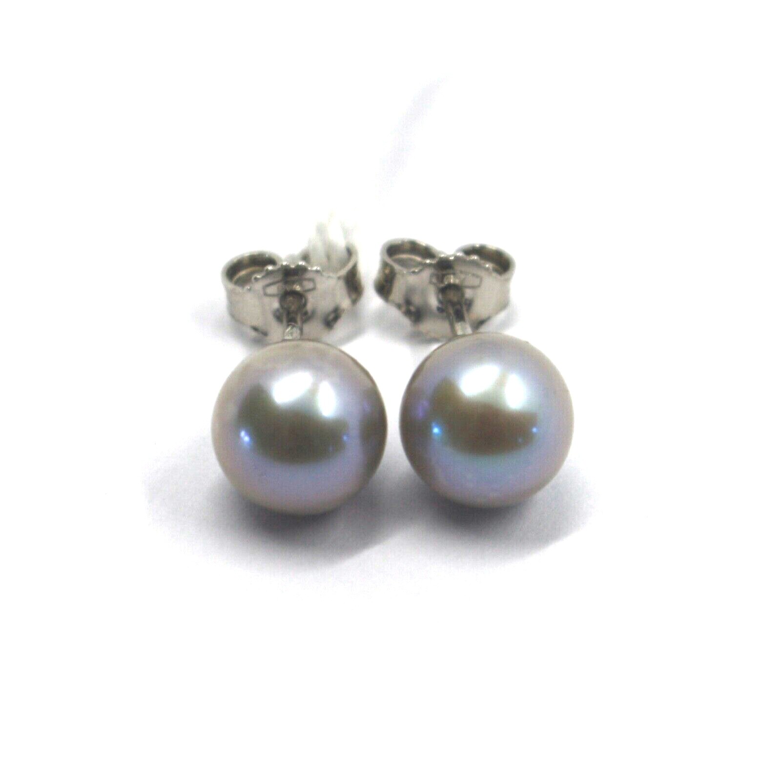 18K WHITE GOLD STUD BUTTON EARRINGS, GRAY FRESHWATER 8mm 0.31″ ROUND PEARLS