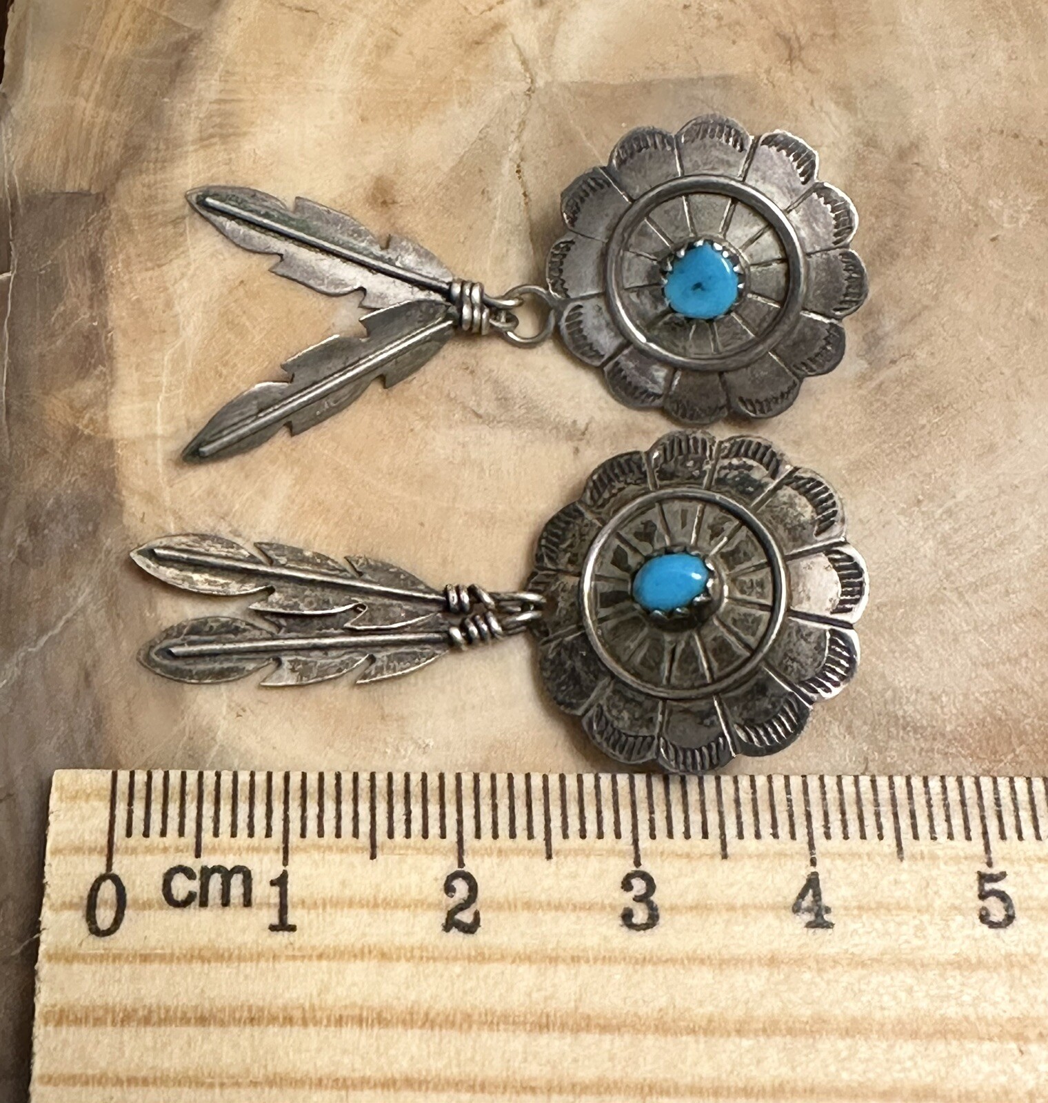 Vintage Roger Skeet Native American 925 Silver Turquoise Feather Dangle Earrings