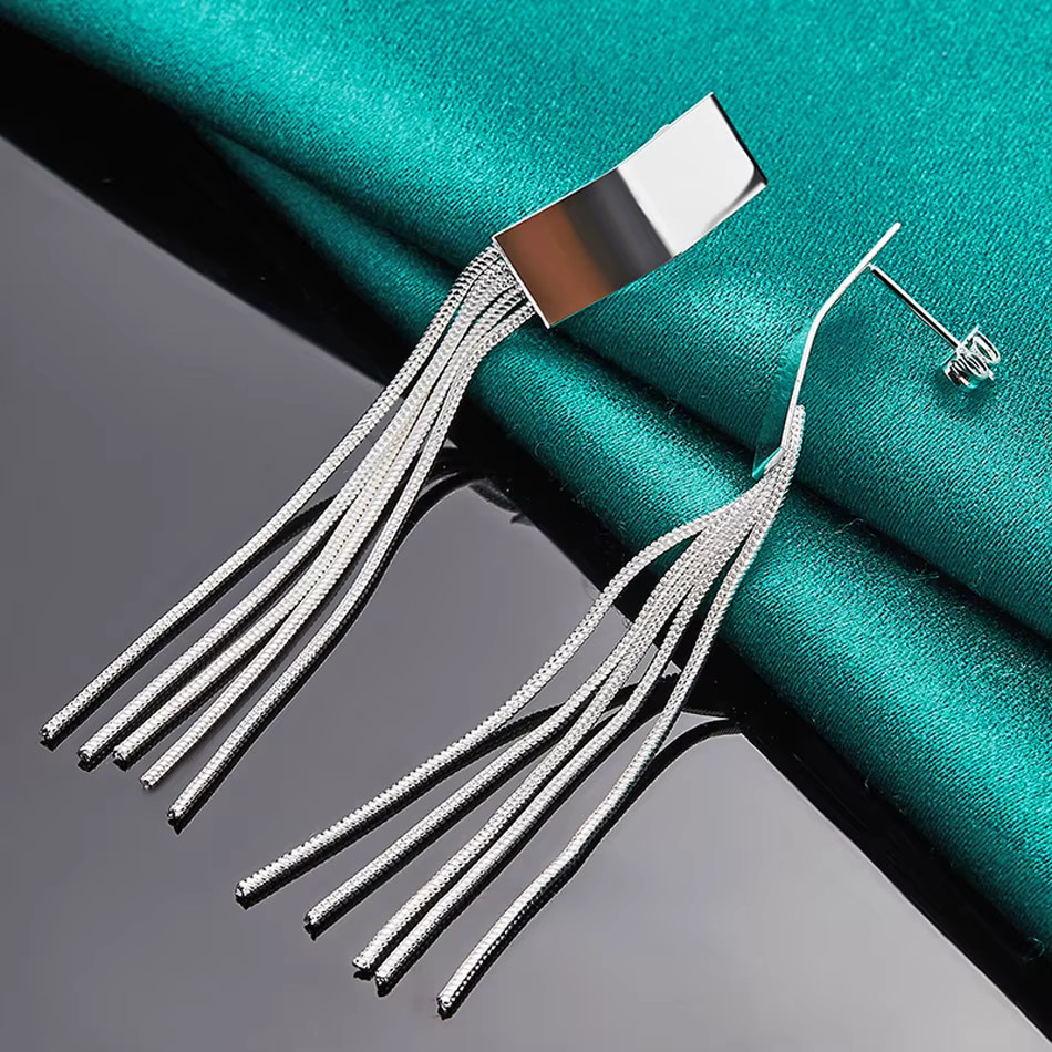 925 Sterling Silver Tassels Earrings L: 2.8in W: 8mm Drop Dangle