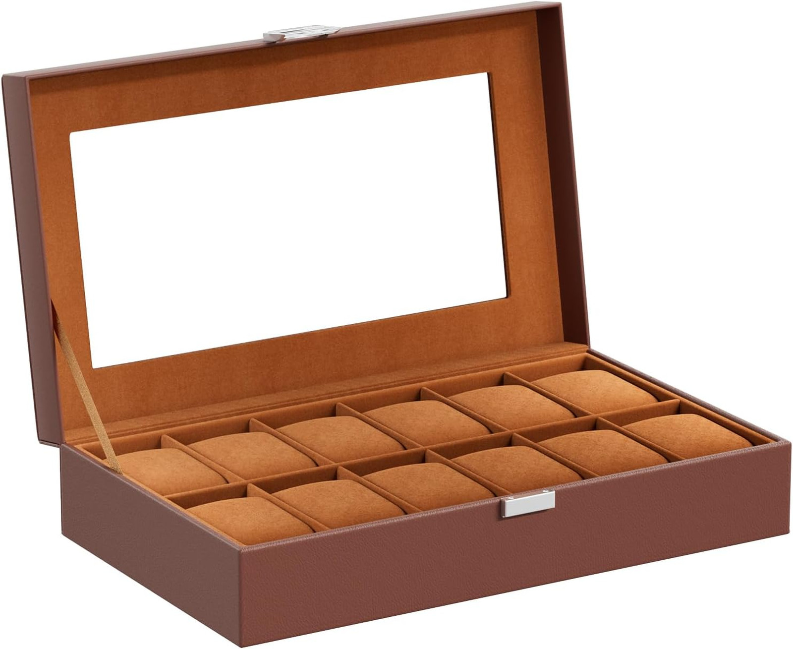Watch Organizer Box with Glass Lid, 12 Slot Watch Display Case in Brown