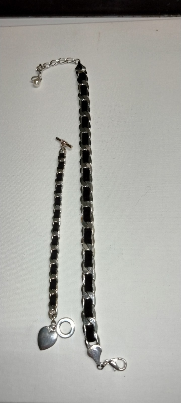Silver Tone Black And Fabric Chain Heart Gothic Halloween Bracelet