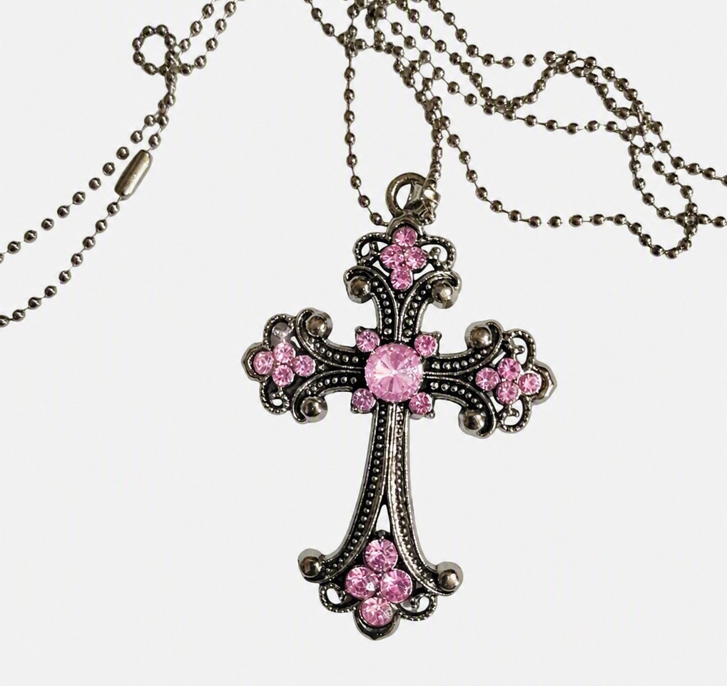 Ornate Pink Gemstone Cross Pendant Scroll Detail Ball Chain Necklace