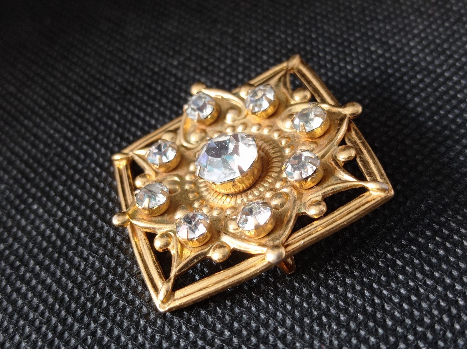 Vintage USSR Brooch | Art Deco Style | Gold Tone Brass with White Glass Stone