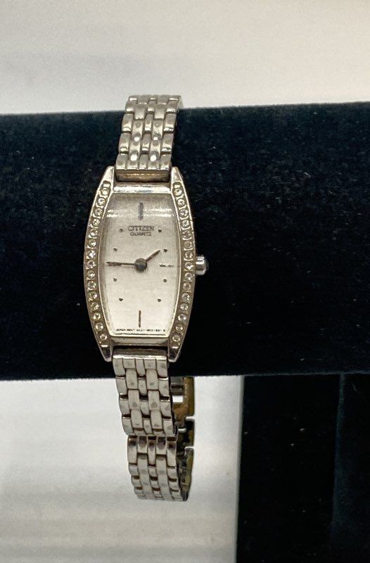 Citizen Women’s Tonneau Quartz Watch Silver Tone Rhinestone Bezel 5421-S011469