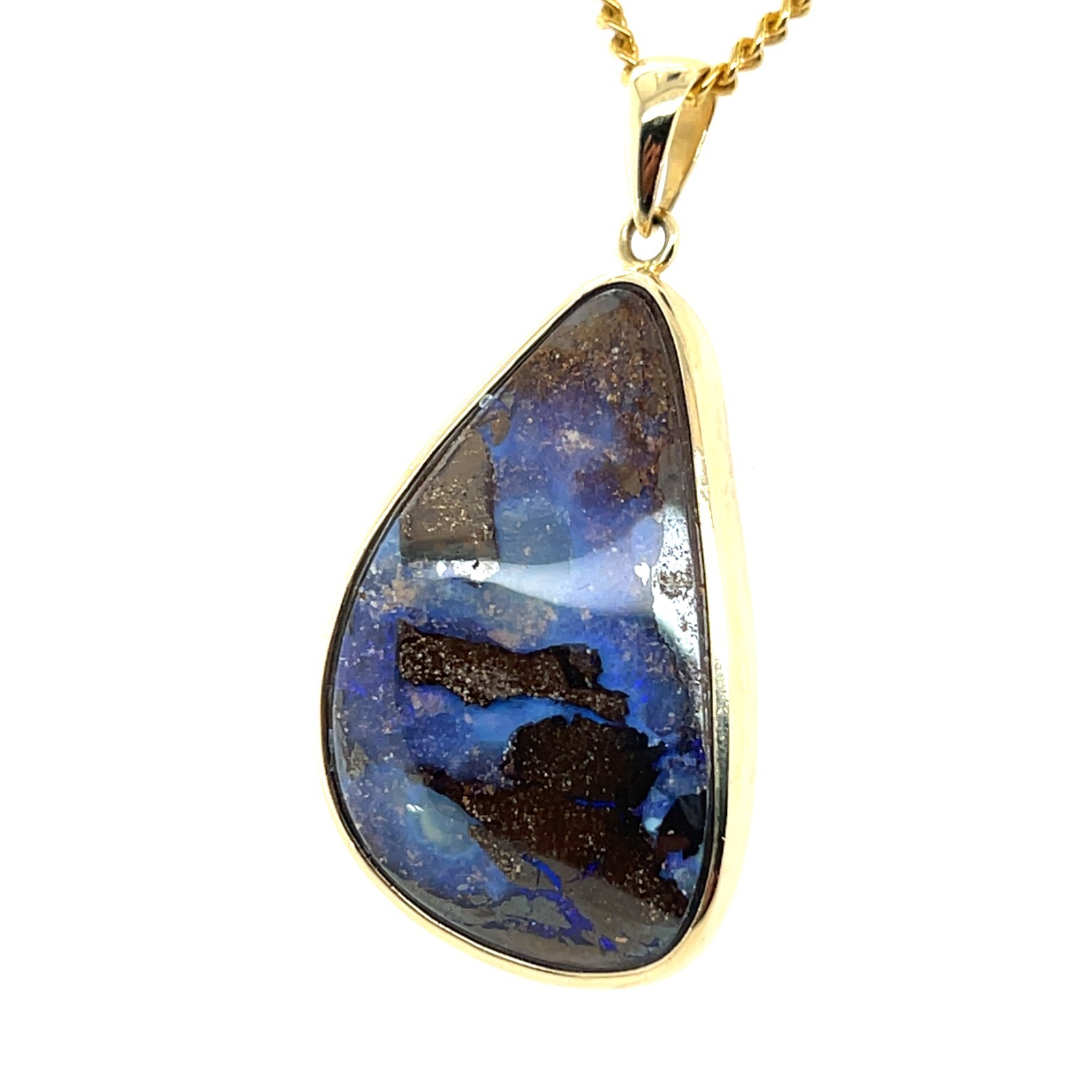 Contemporary 14 Karat Yellow Gold Freeform Oval Blue and Brown Opal Pendant