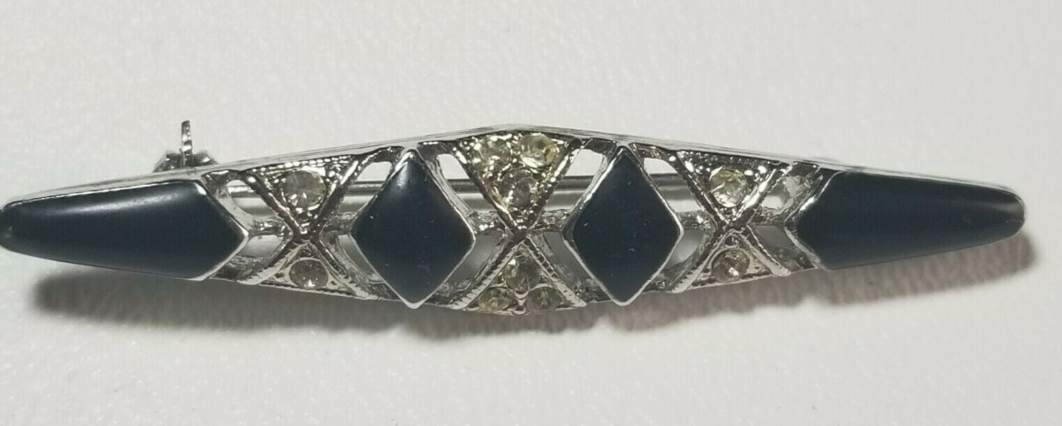 Art Deco Style Faux? Onyx Rhinestone Pin Brooch 2-1/8 in.