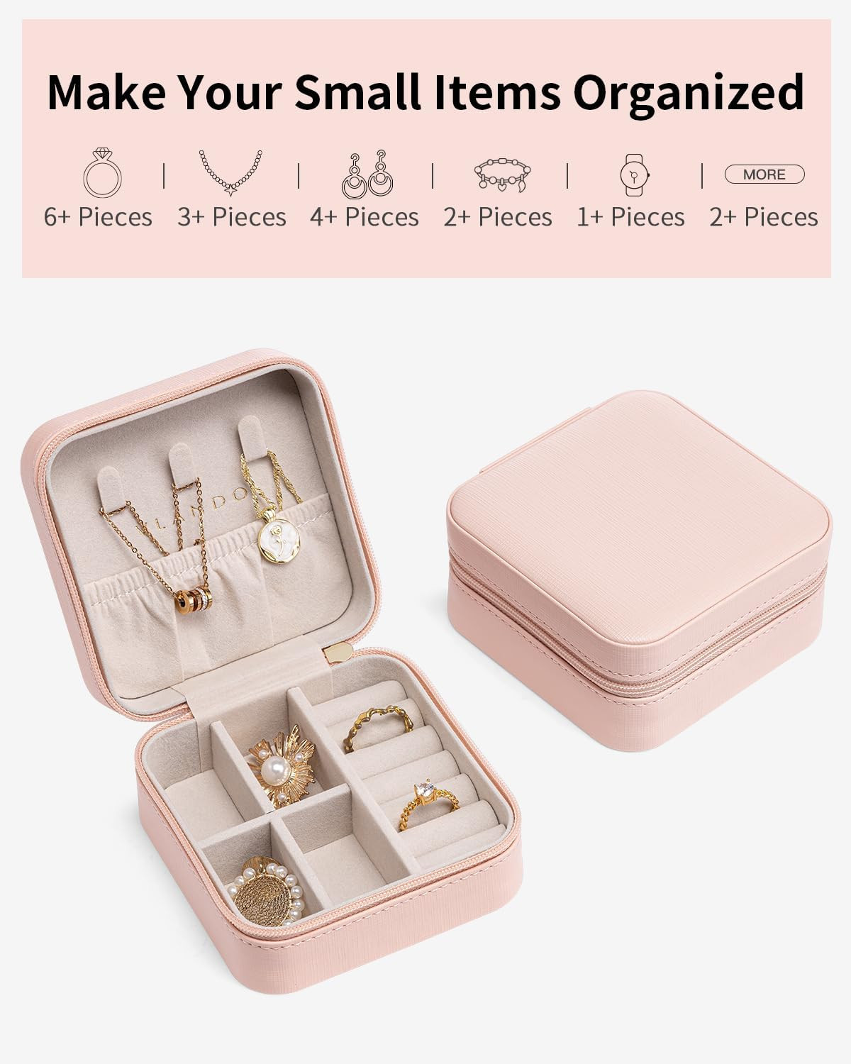 Pink Travel Jewelry Case Teacher Gift Organizer Box for Women Girls