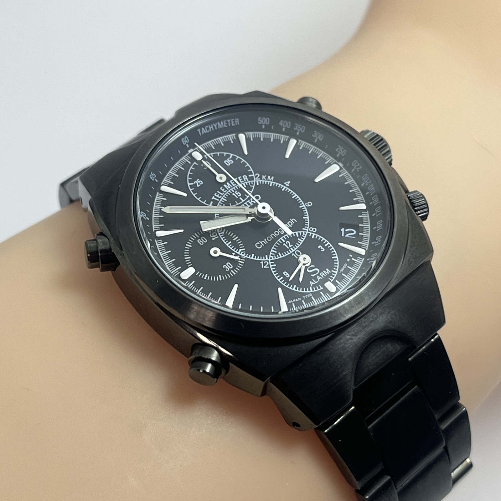 Seiko SUS Black Alarm Chronograph 7T32-9000 Quartz Japan Date Vintage Rare #743B