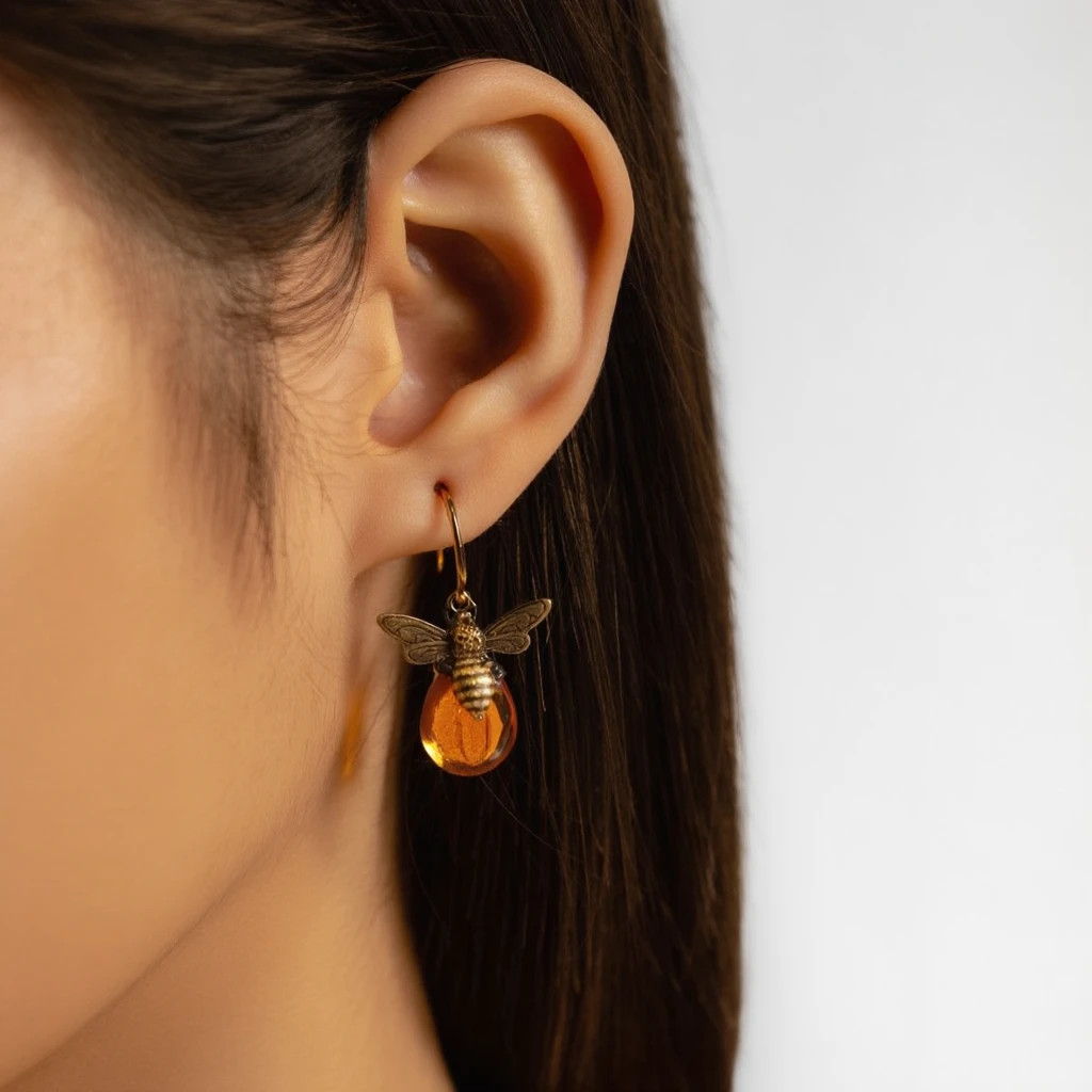 Vintage Bee Earrings Women Gold Amber Drop Dangle Boho Antique Style Gift