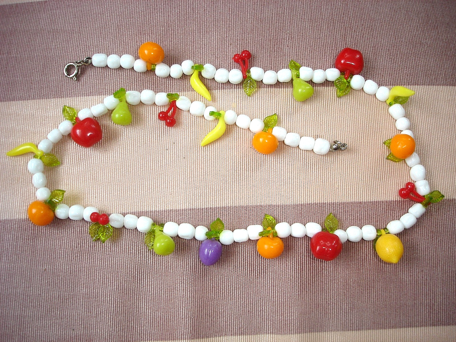 Vintage Plastic FRUIT White Glass Bead Necklace-Apple Banana Orange Pear Cherry