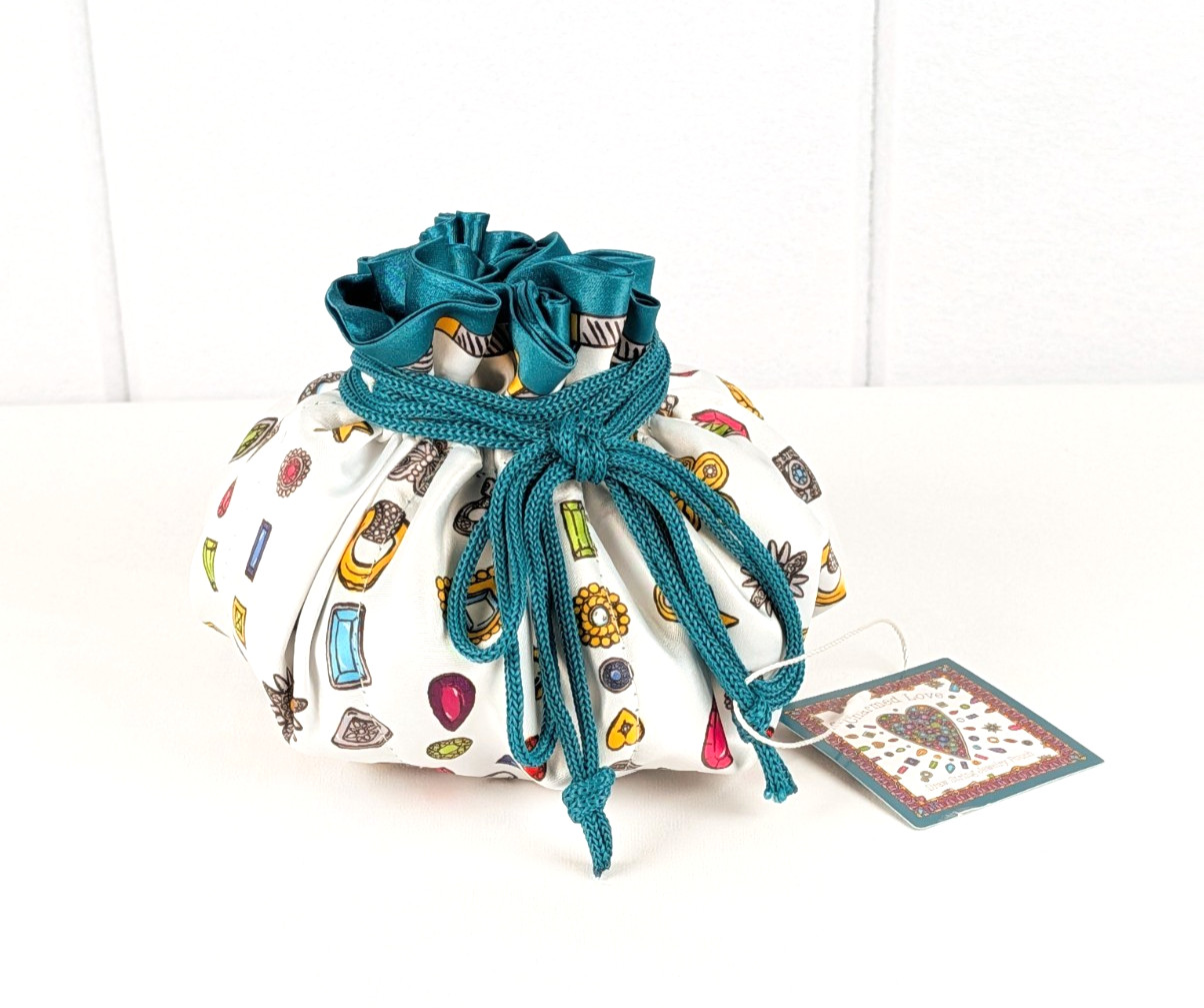 BRIGHTON “Charmed Love” Draw-String Jewelry Pouch Teal White Satin w/Jewels NEW