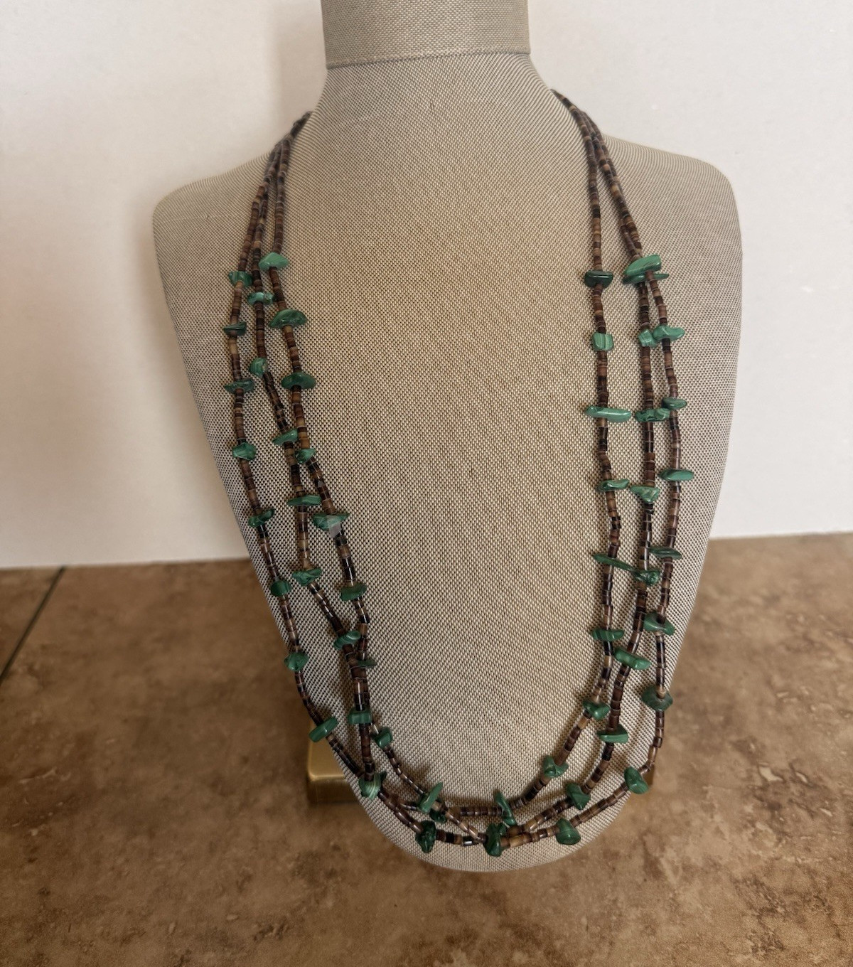 Vintage Multi-Strand Olive Shell and Malachite Beaded Necklace
