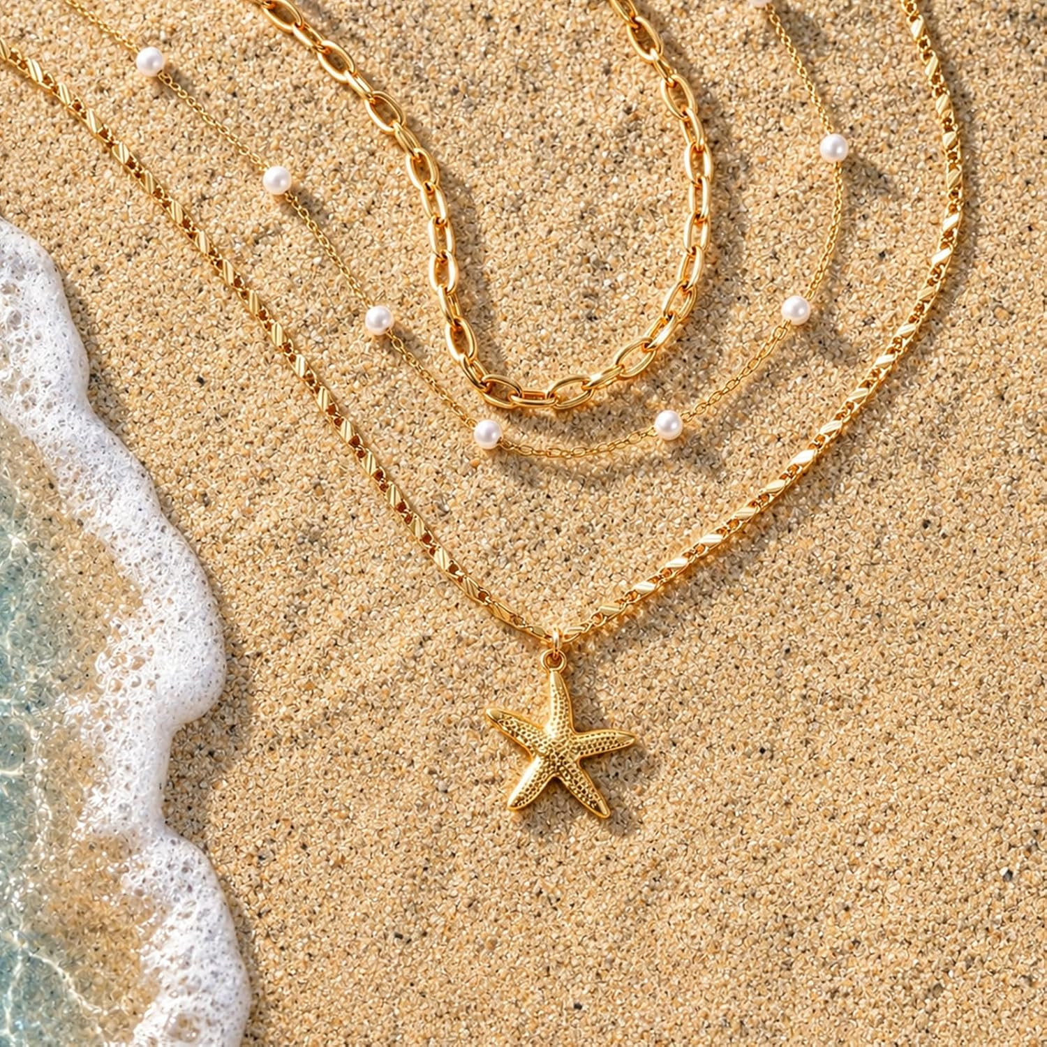 Starfish Necklace Beach Summer Layered Necklaces for Women Non Tarnish Waterproo