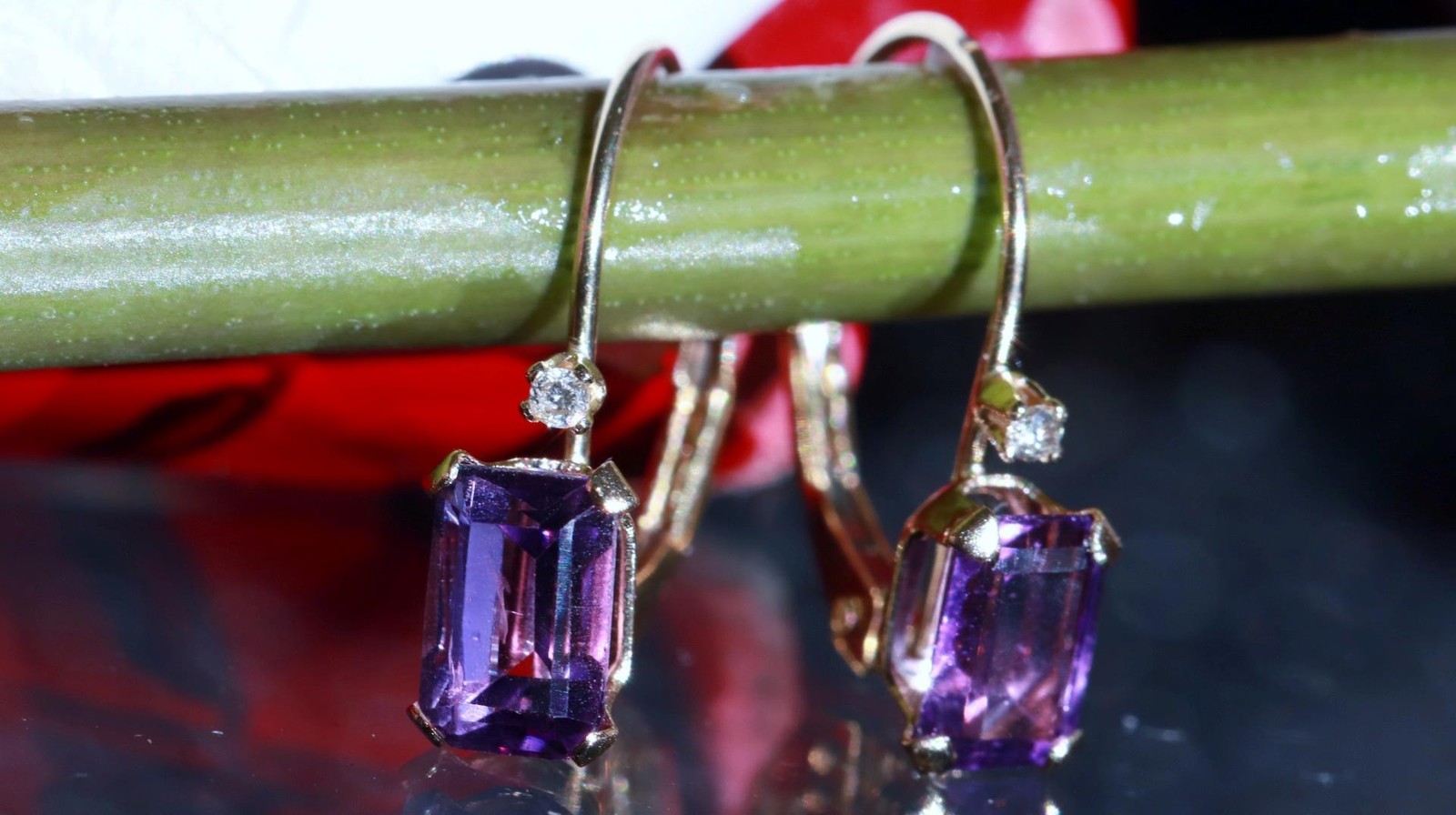 14k yellow gold earrings 0.82ct amethyst diamond 0.61″ dangle 0.91gr N3685