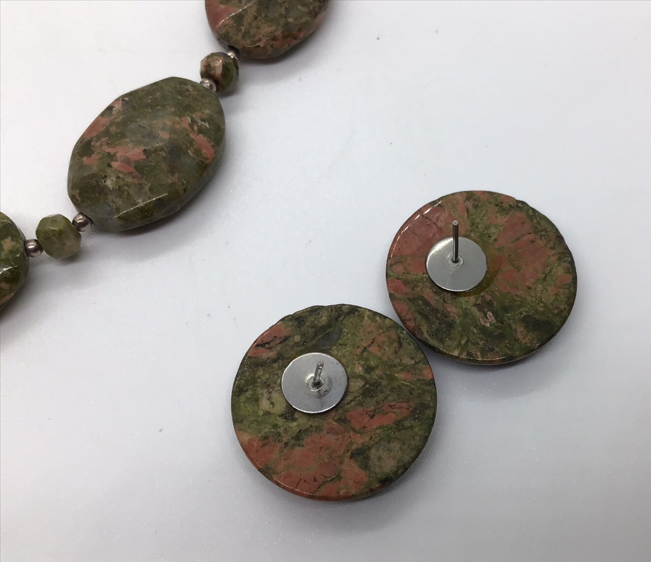 Unakite Faceted Necklace Bracelet Pierced Earrings Lot Set 19” 108g Pink Green