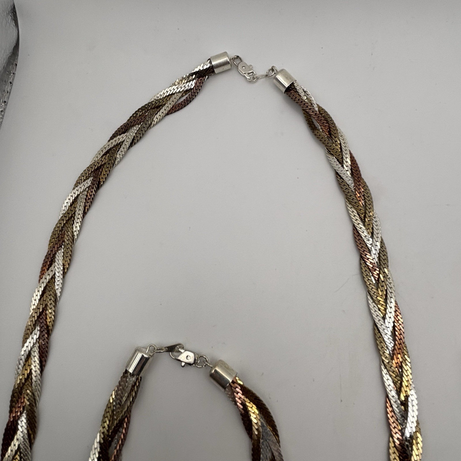 Vtg 925 Color Gold Silver Rose Braided Chain Necklace Bracelet Sterling Silver