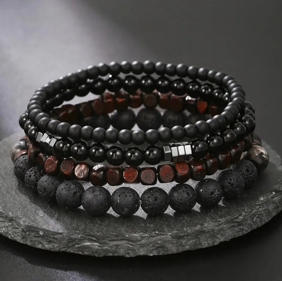 4pcs Black Stone & Wood Bead Elastic Bracelet Set for Men Women NEW