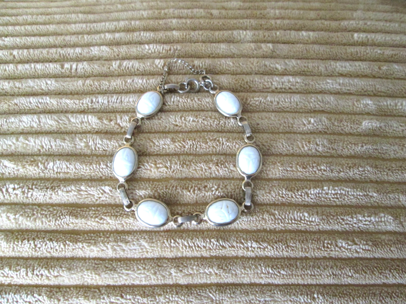 Vintage White Scarab Gold Tone Statement 7 in Bracelet with safety chain