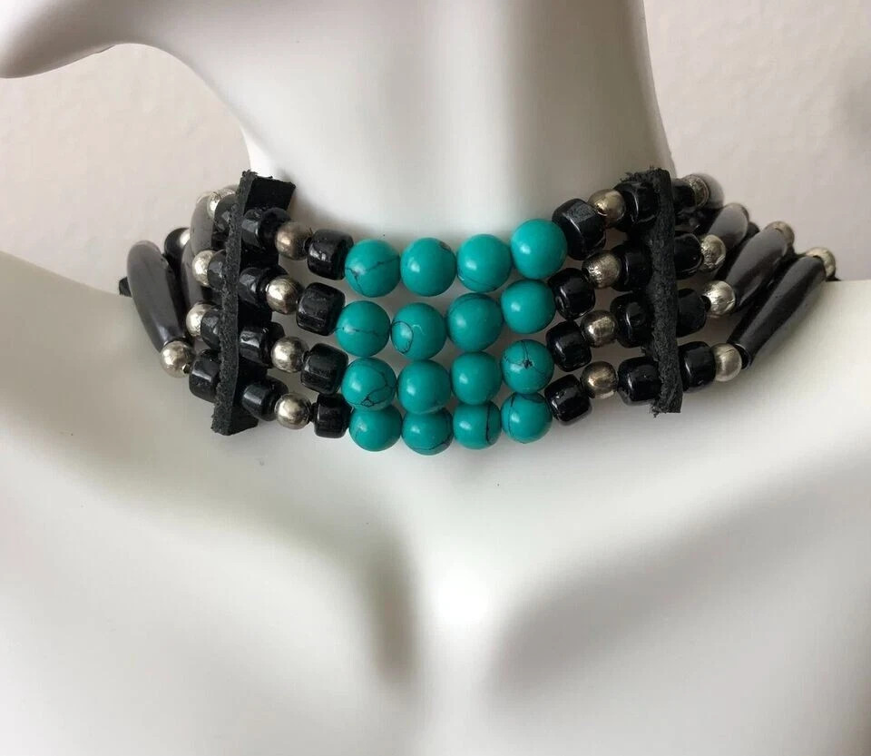 Native American Indian Style Buffalo Bone Choker Bead Brown Turquoise Necklace