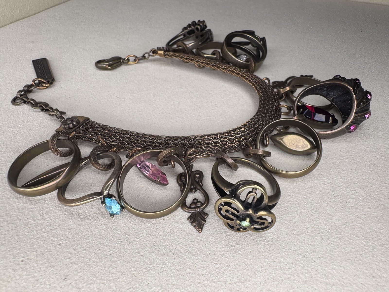 Vintage Ann Michaels Bronze Tone Charm Bracelet Multicolor Crystal Adjustable