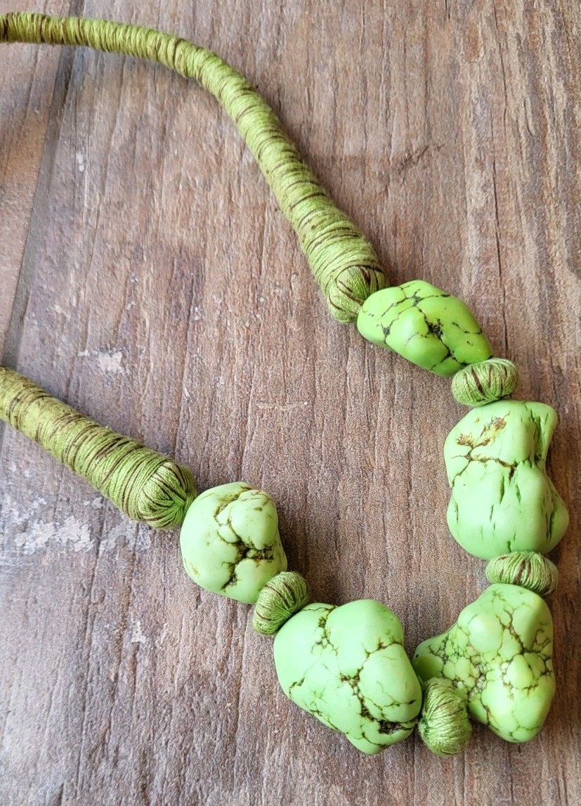 Vintage Green Gaspeite Nugget Yarn Wrapped Necklace Free Shipping