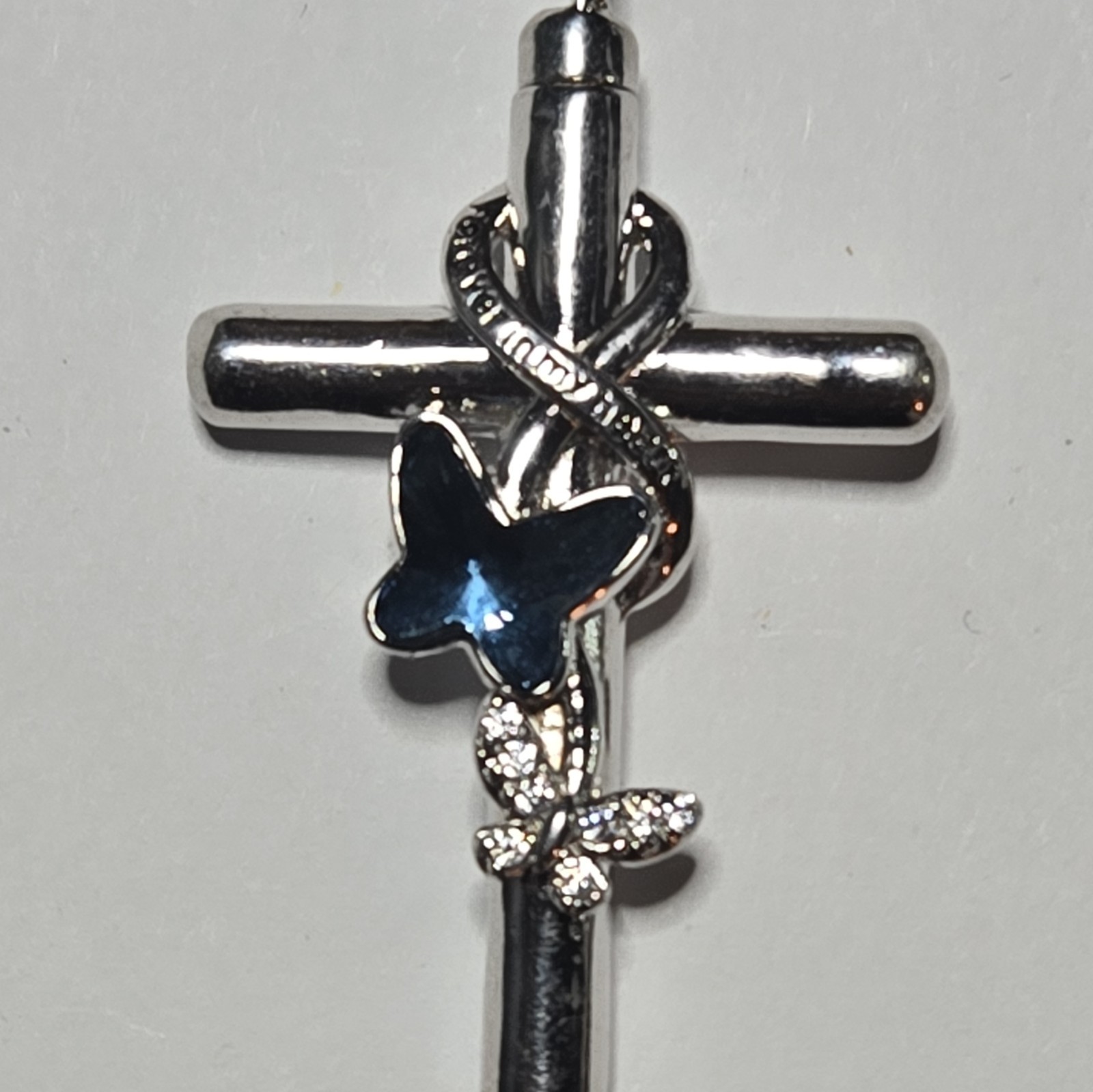 S925 Silver Cross Pendant Charm Blue Stone Butterfly Crystal Religious Theme
