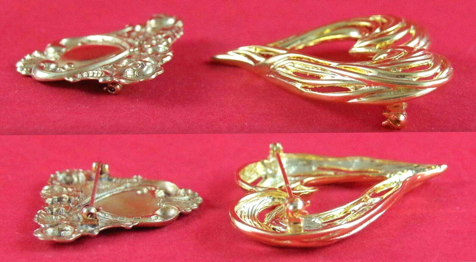 Minty! Lot 2 VTG 2.25″ ABSTRACT & VICTORIAN REVIVAL GOLD TONE HEART BROOCH PINS