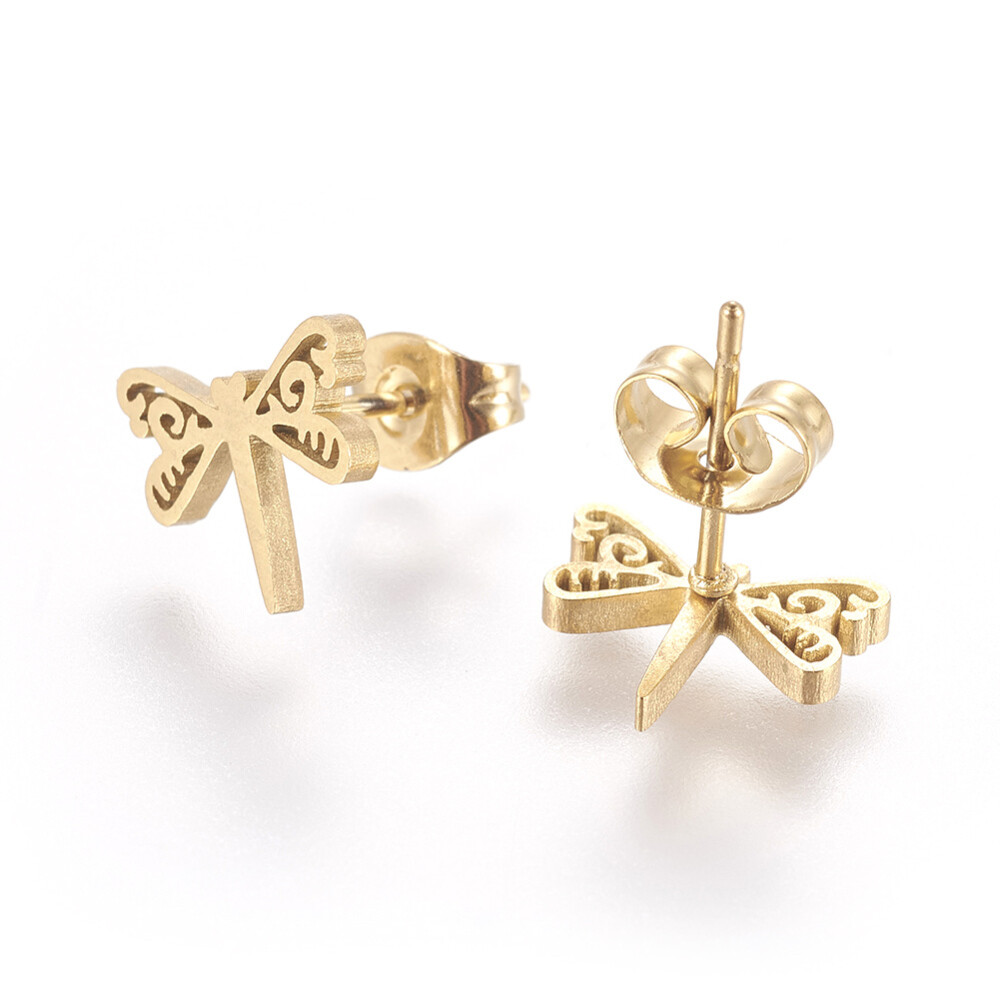 Stainless Steel Set Earrings Pendant Necklace Dragonfly Gold 18″ P865