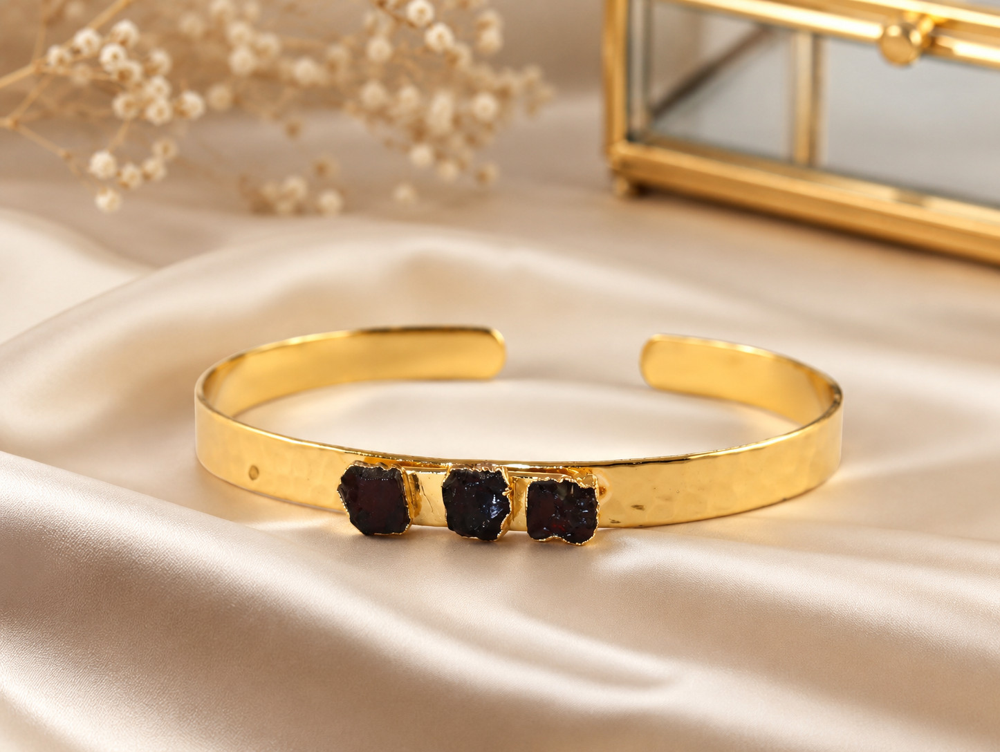 Natural Garnet Raw Bangle, 18k Gold Electroplated Bracelet, January Birthstone