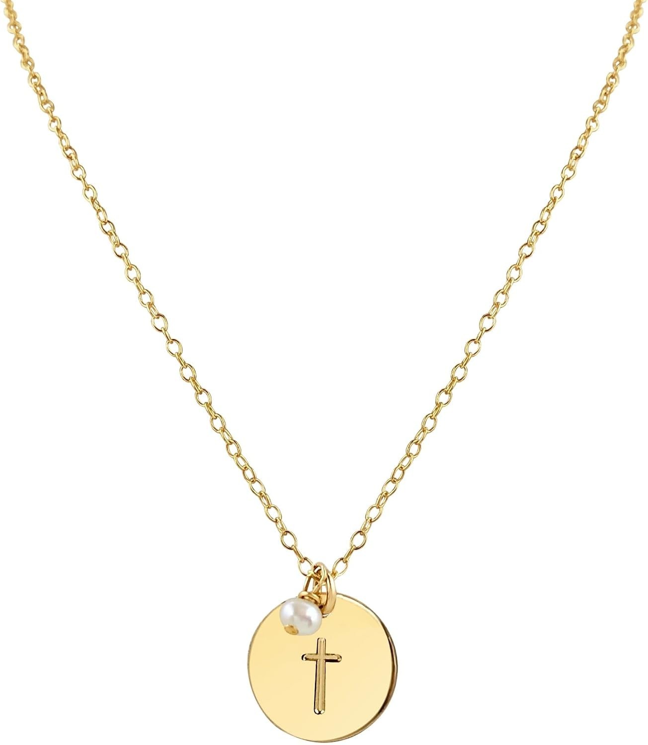Elegant Gold-Filled Adjustable Cross Pendant Necklace with Freshwater Pearl