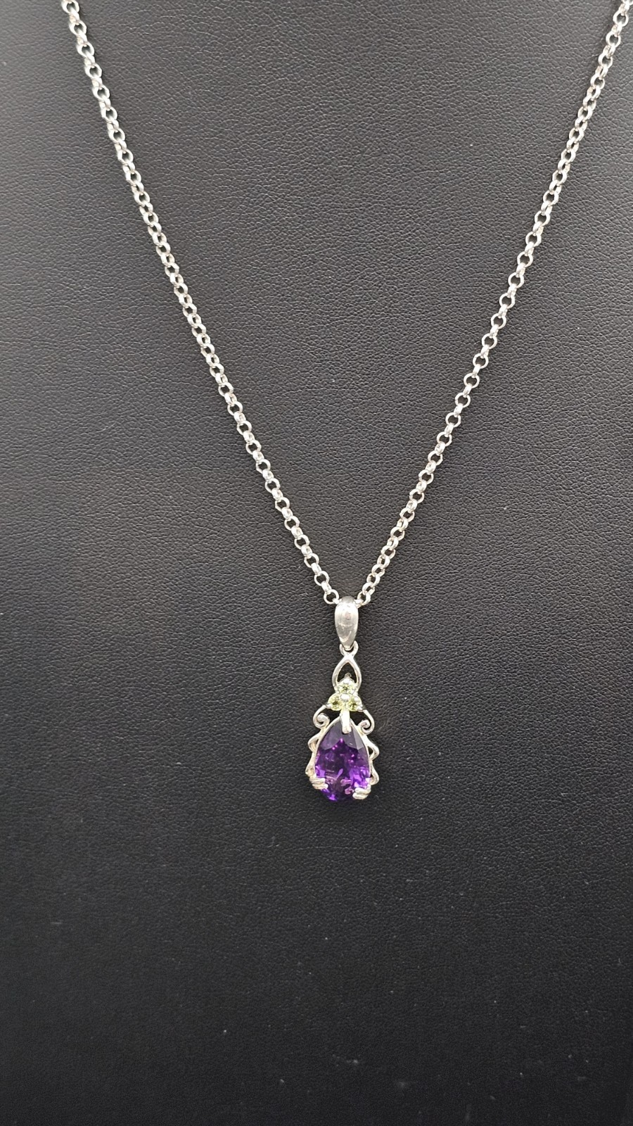 925 Sterling Silver Amethyst Peridot Necklace Pear Pendant 18in Chain 7.36g
