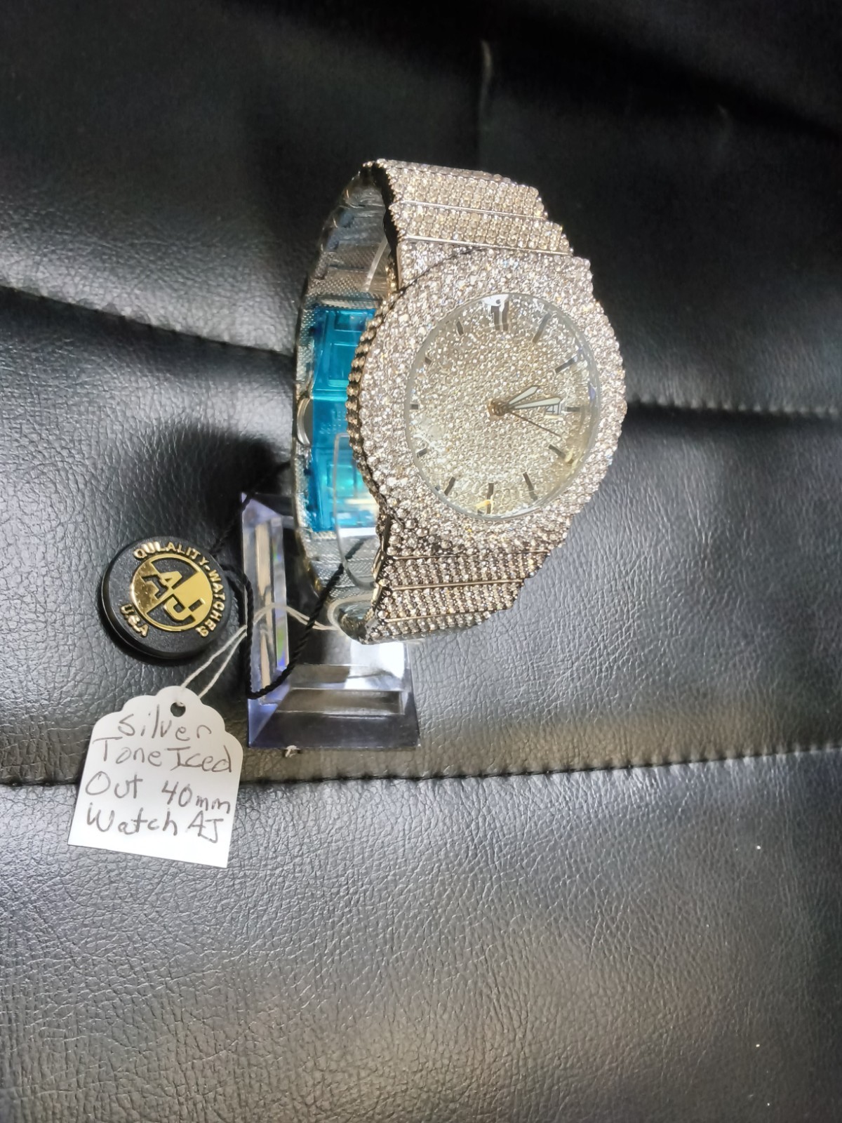 AJ Silver Tone Iced Out Quartz Watch 40mm Crystal Dial Date Men’s NewPrice:…