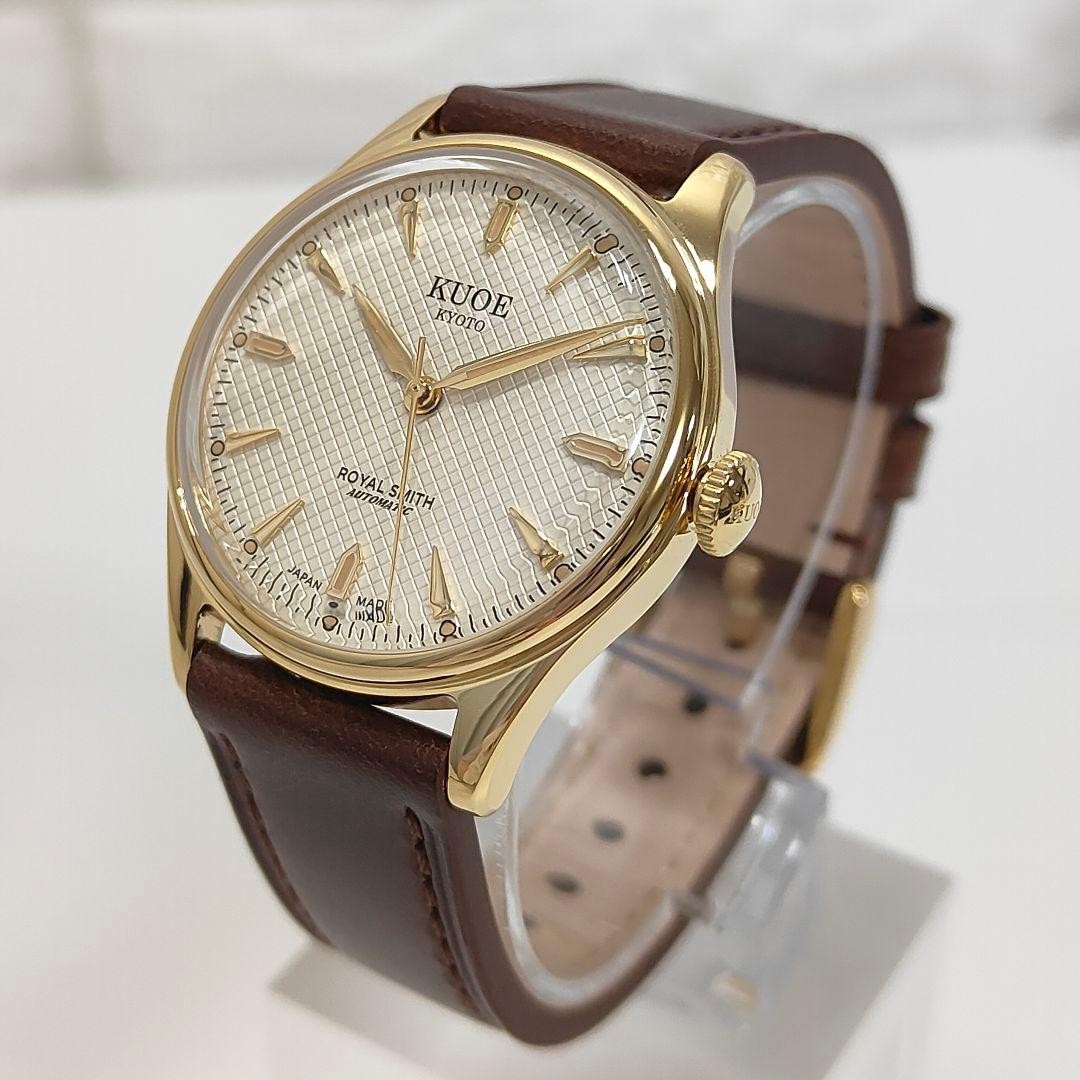 KUOE ROYAL SMITH 90-006 Gold Ivory Waffle Automatic Watch 35mm Miyota 9039
