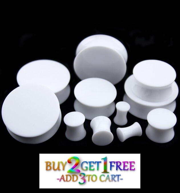 Pair 8g-50mm WHITE ACRYLIC PLUGS Double Flare Gauges Solid Body Ear Tunnels 1004