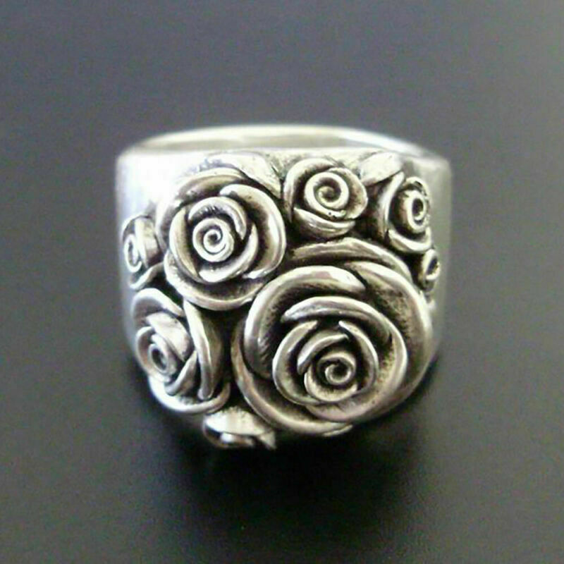 Boho 925 Sterling Silver New Women Fashion Vintage Style Rose Flower Ring Size 8