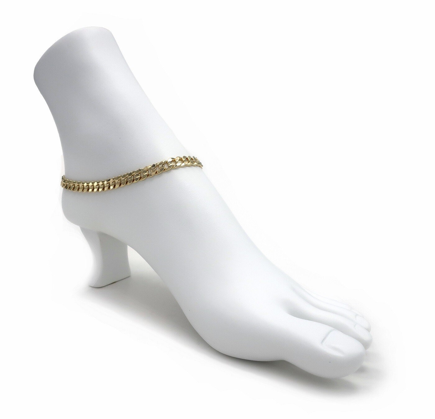 6mm CONCAVE CUBAN LINK CHAIN ANKLET CZ ANKLE BRACELET 14K GOLD PLATED