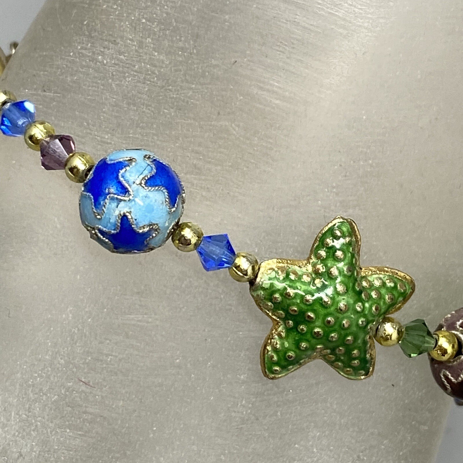 Cloisonne Enamel Bracelet Multicolor Star Shape Pattern Bead Station Crystal 6.7