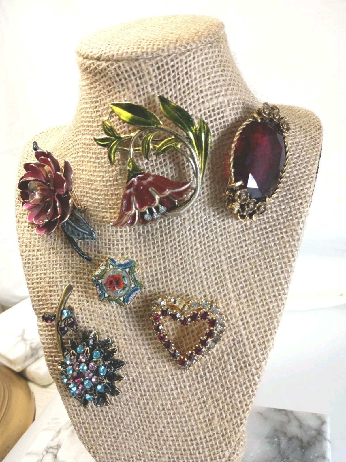 Vintage To Current Brooches Lot of 6 Rhinestone Glass Enamel Paint Gold Fill