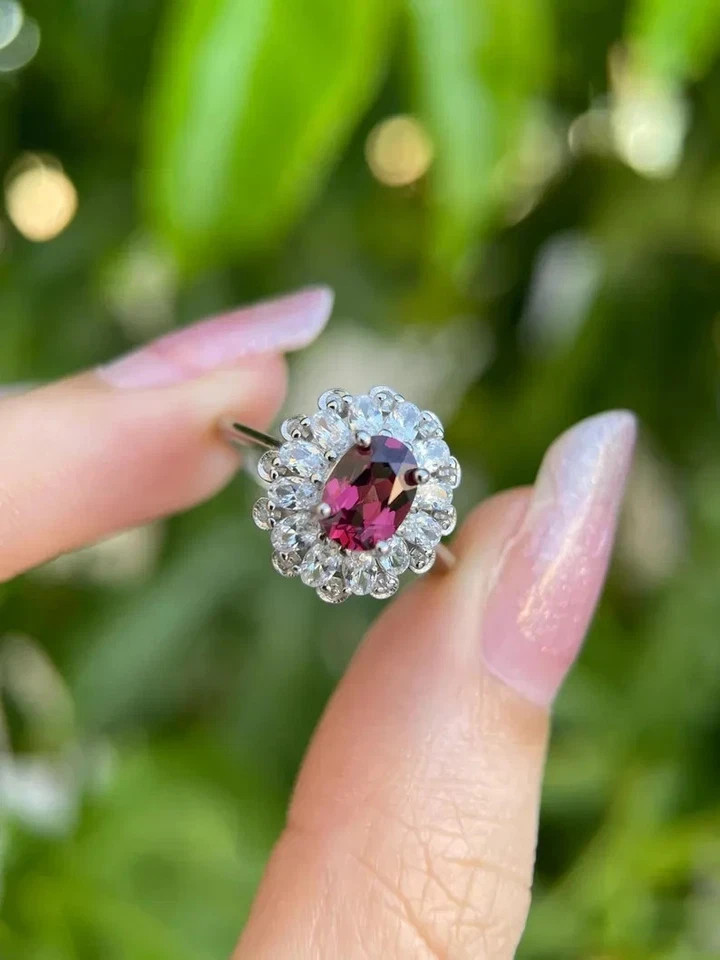 2.80 Ct Oval Natural Garnet Diamond Wedding Ring 14K Real White Gold Size 6 7 8