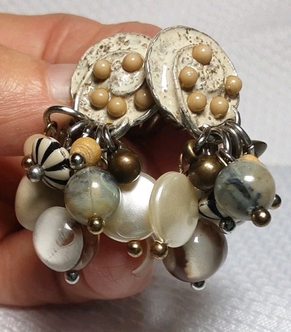 Earring Silver Tone Beige Tan Multicolor Different Shape Beaded Drop Dangle Clip